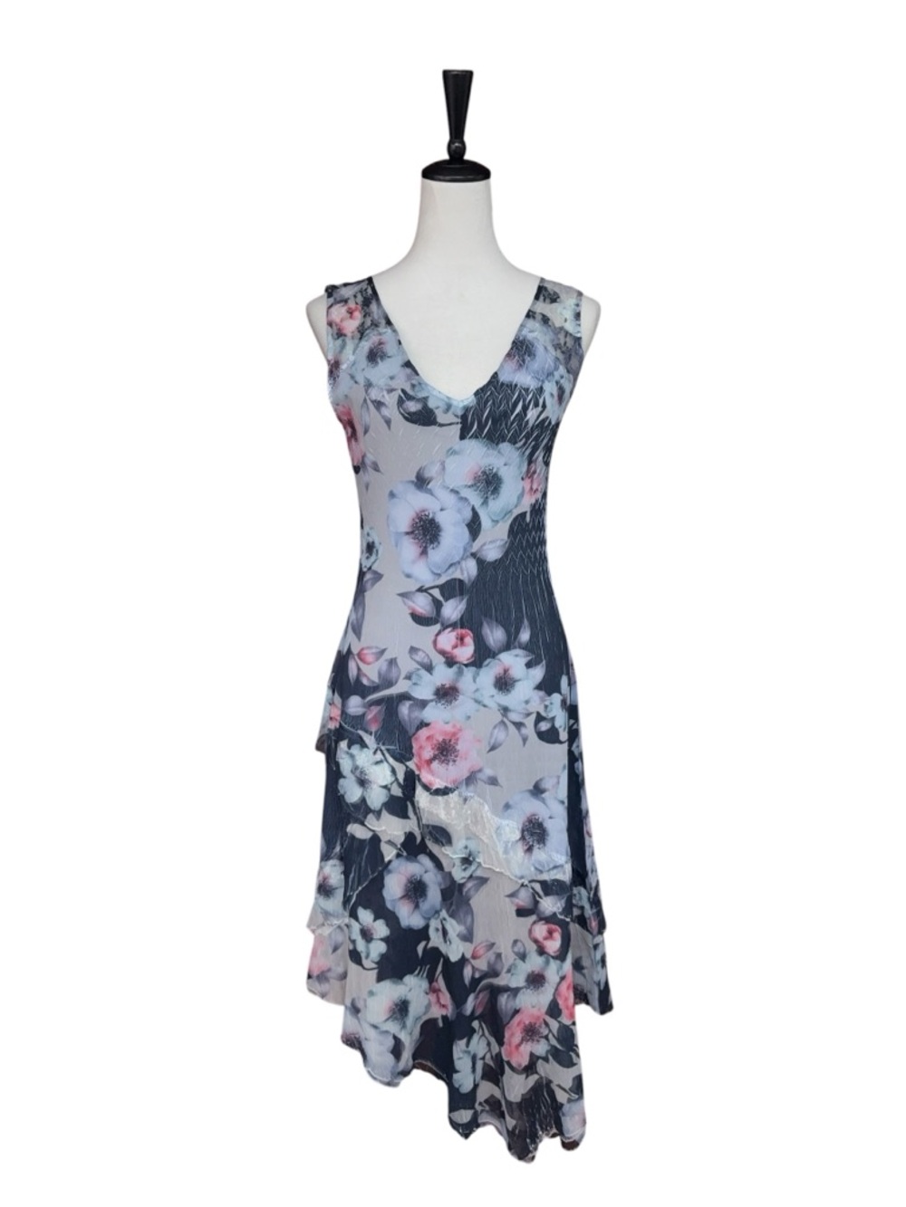 Komarov Floral Chiffon Dress Sleeveless V Neck Crinkle A Line Size M